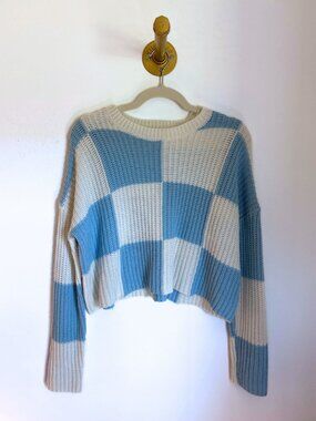 Moon & Madison Blue Checkered Cropped Sweater Small | Chunky Knit Pullover
